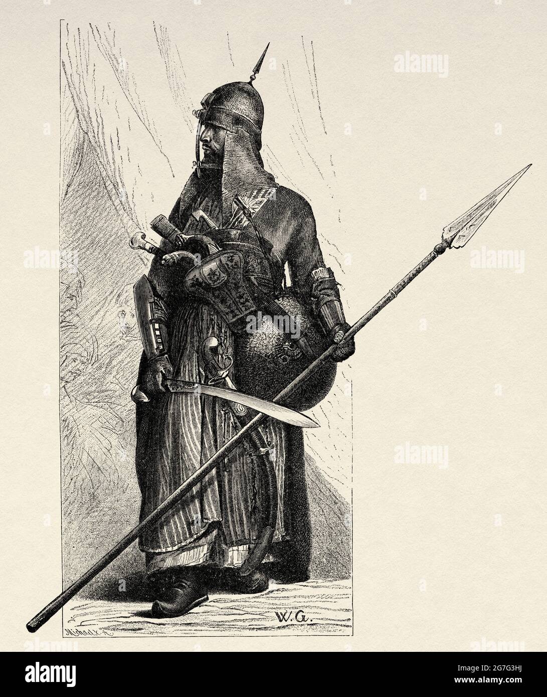 Soldado Mamluk con todas sus armas, Egipto, África del Norte. Antiguo siglo 19th grabado ilustración de El Mundo Ilustrado 1880 Foto de stock