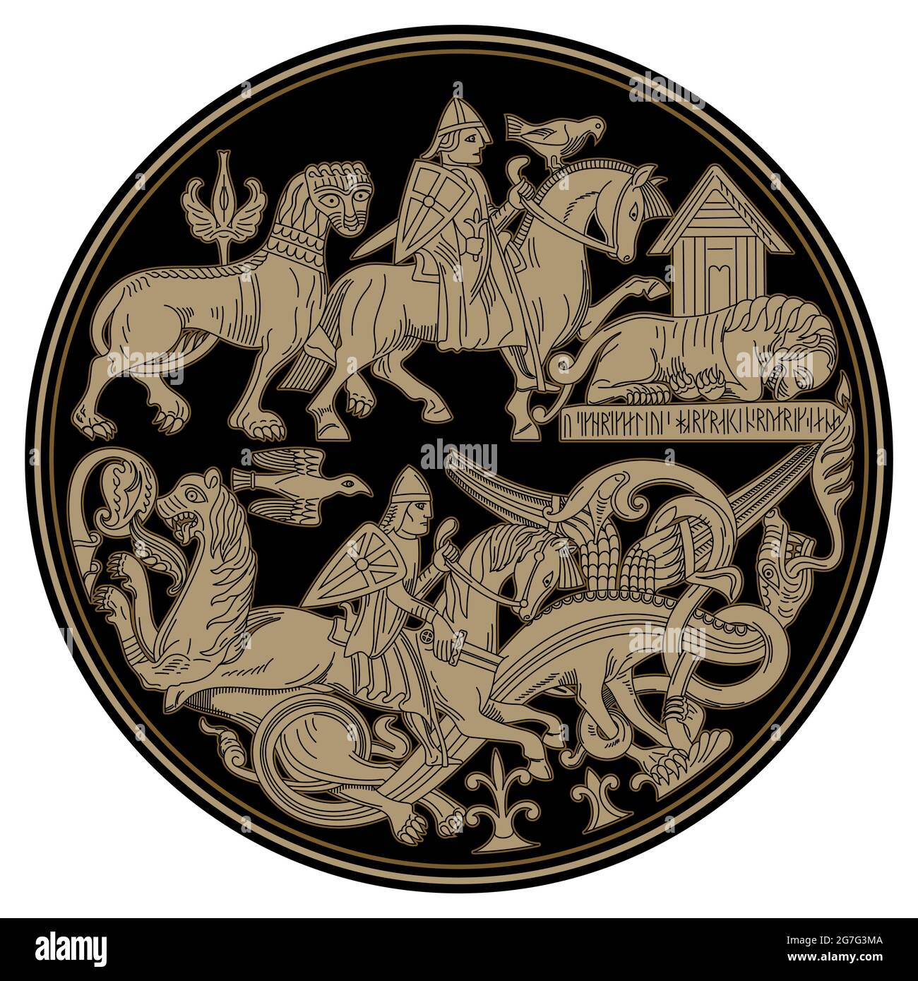 Diseño escandinavo vikingo. Los jinetes vikingos luchan contra animales míticos - leones y dragones Ilustración del Vector