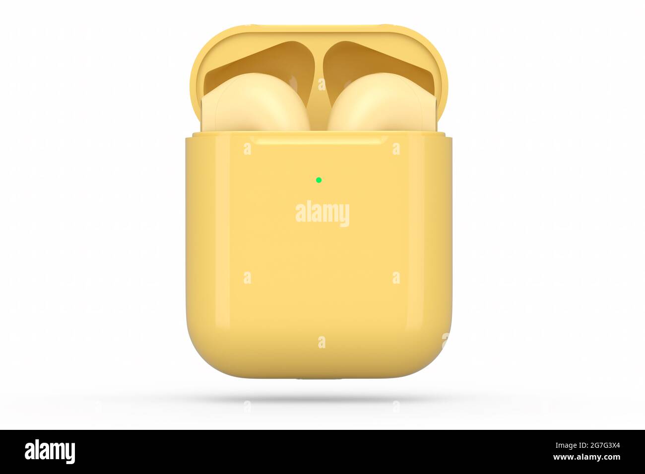 Auriculares Bluetooth inalámbricos en carcasa amarilla aislados sobre fondo blanco. 3D Representación de accesorios para escuchar música o trabajar lejos de casa Foto de stock