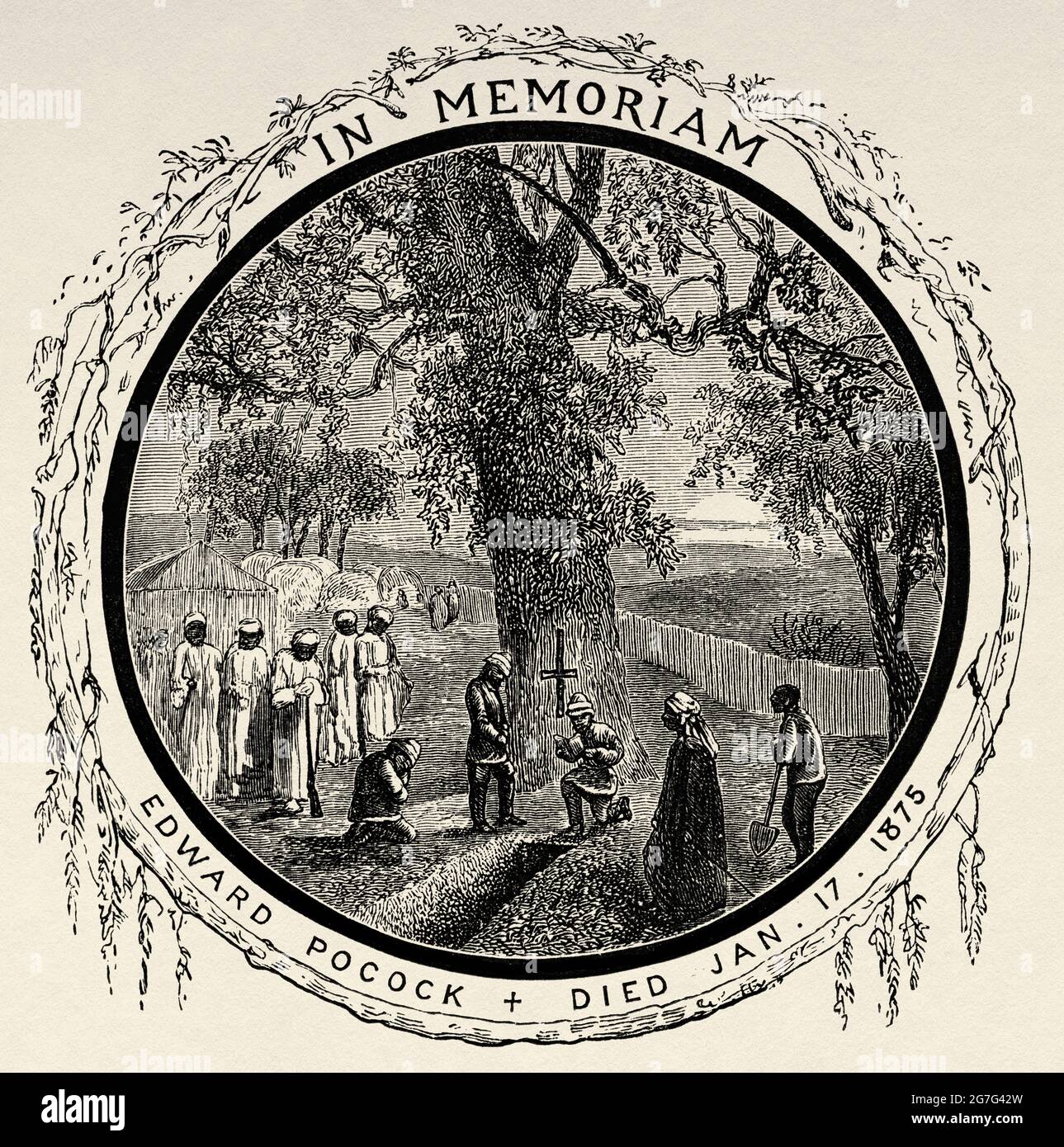 El entierro de Edward Pocock en el hostil Turu, 1877 años durante la primera expedición de Stanley en el Congo, África Central. Viaje a África inexplorada, el misterioso continente por Henry Morton Stanley. Ilustración antigua del siglo 19th grabada, El Mundo Ilustrado 1880 Foto de stock