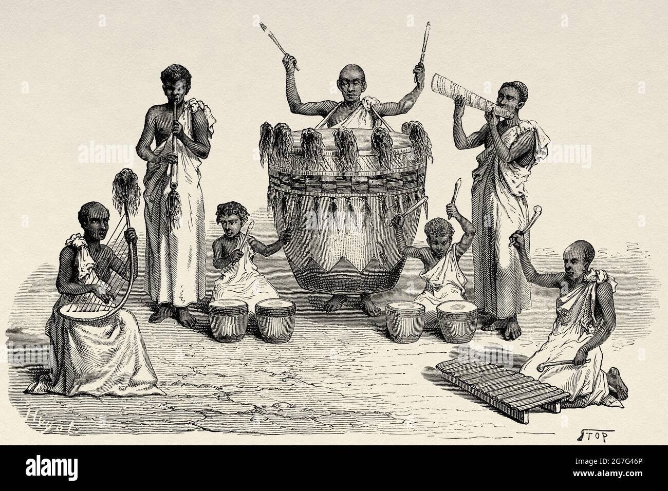 Concierto de música con instrumentos nativos de la tribu de los habitantes de Galla negros de las orillas del Nilo, Etiopía. Antiguo siglo 19th grabado ilustración de El Mundo Ilustrado 1880 Foto de stock