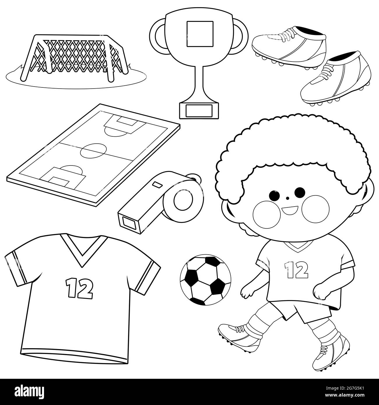 Escrupuloso SIDA mando Niño jugando al fútbol. Página para colorear en blanco y negro Fotografía  de stock - Alamy