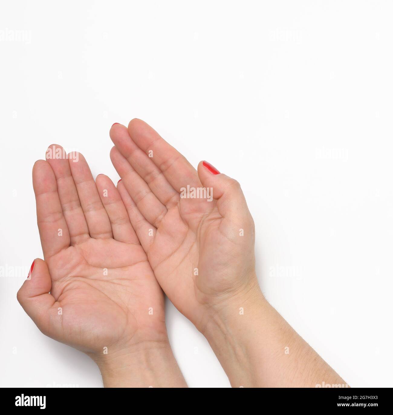 dos manos femeninas con clavos pintados de rojo en una oración posan sobre  un fondo blanco, vista superior Fotografía de stock - Alamy