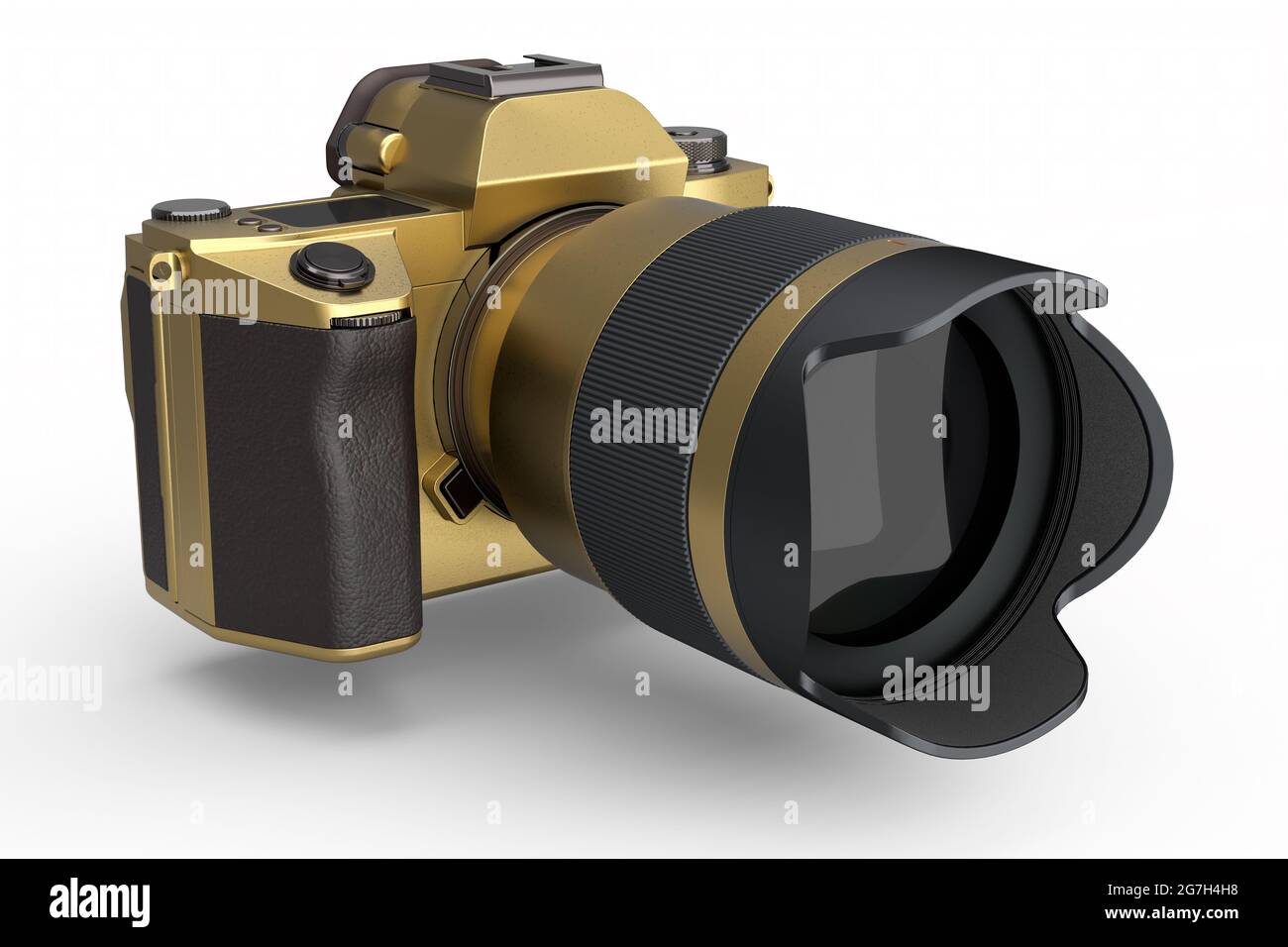 Concepto de una cámara DSLR inexistente con lente macro aislada sobre un fondo blanco. Renderización 3D e ilustración de equipo de fotografía profesional para Foto de stock