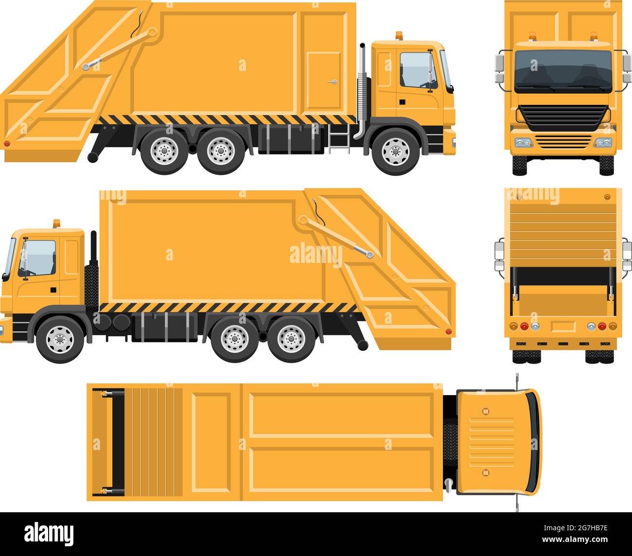 Plantilla vectorial para camiones de basura con colores sencillos sin degradados ni efectos. Vista lateral, frontal, posterior y superior Ilustración del Vector