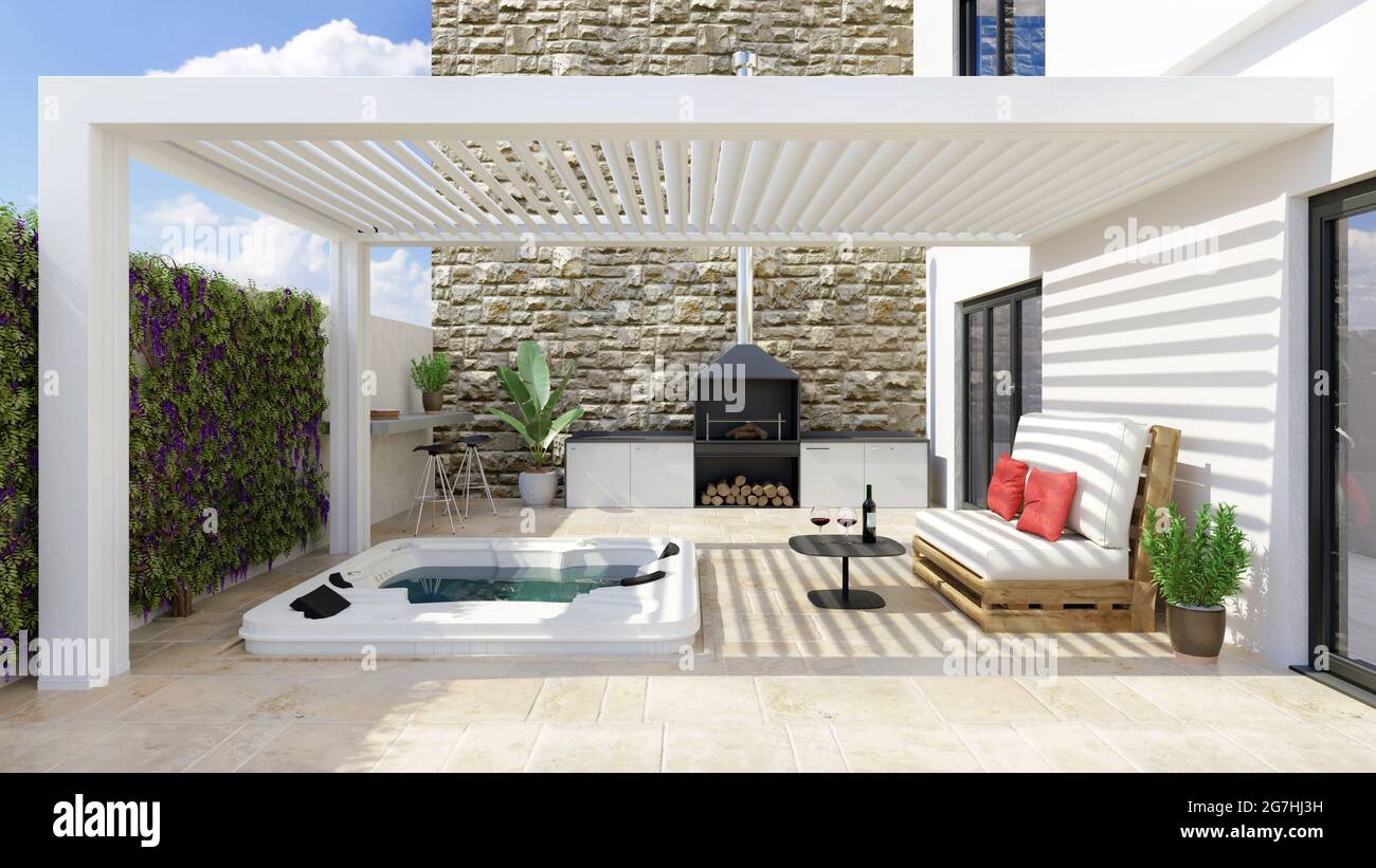 3D ilustración de un moderno patio urbano con pérgola blanca bioclimática y  piscina de hidromasaje. Barbacoa y sofá de palets blanco junto a la bañera  de hidromasaje caliente Fotografía de stock -