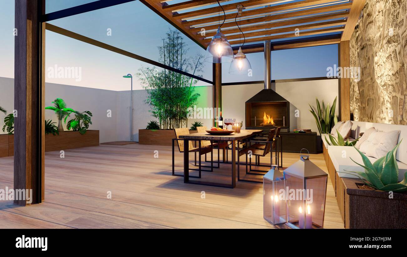 3D Ilustración de terraza urbana al atardecer con chimenea y mesa de  madera. Madera de teca de pergola bioclimática y pisos Fotografía de stock  - Alamy