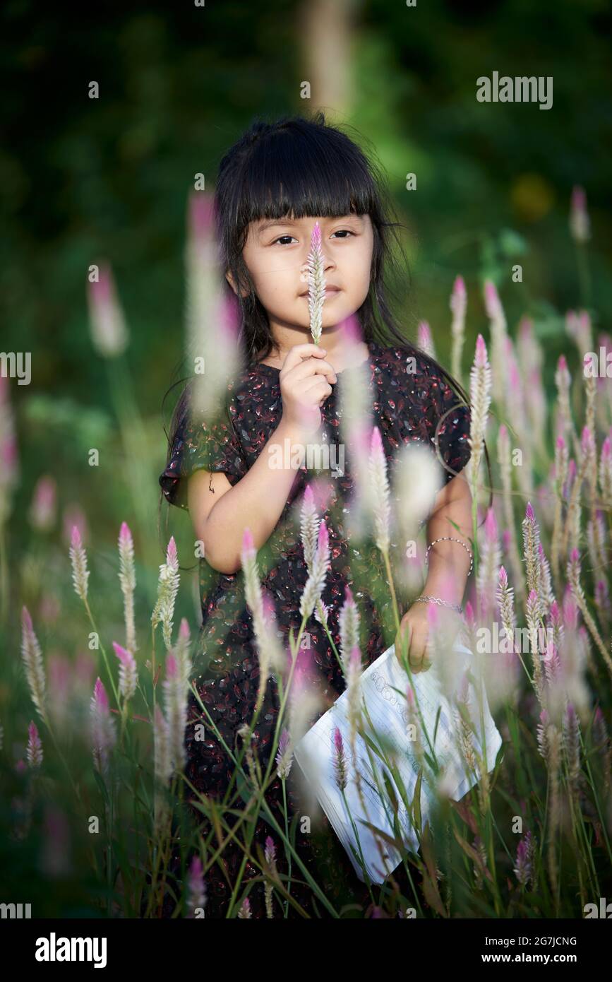 Linda niña disfrutando de la floración de flores silvestres en el campo de la pradera Foto de stock