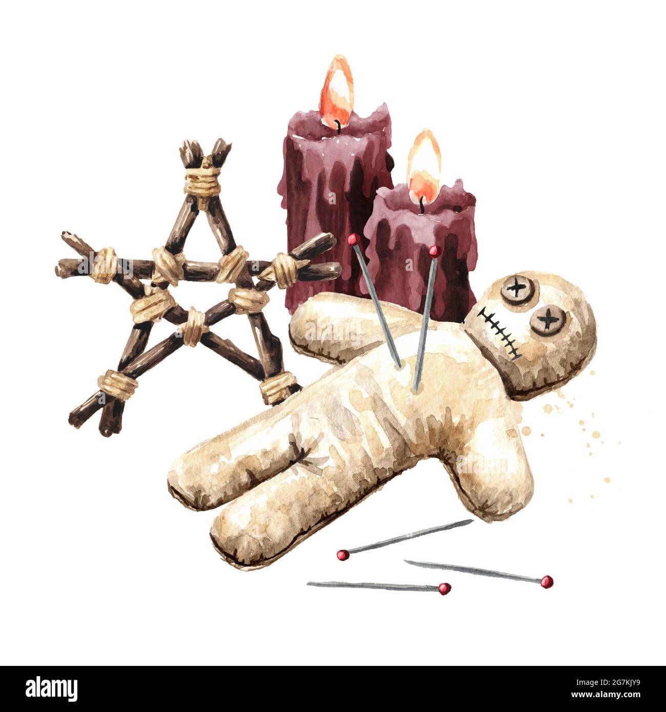 Muñeca Voodoo, símbolo de pentagrama y velas rojas. Brujería, Magia, oculto  y concepto esotérico. Ilustración de acuarela dibujada a mano, aislada  sobre blanco b Fotografía de stock - Alamy
