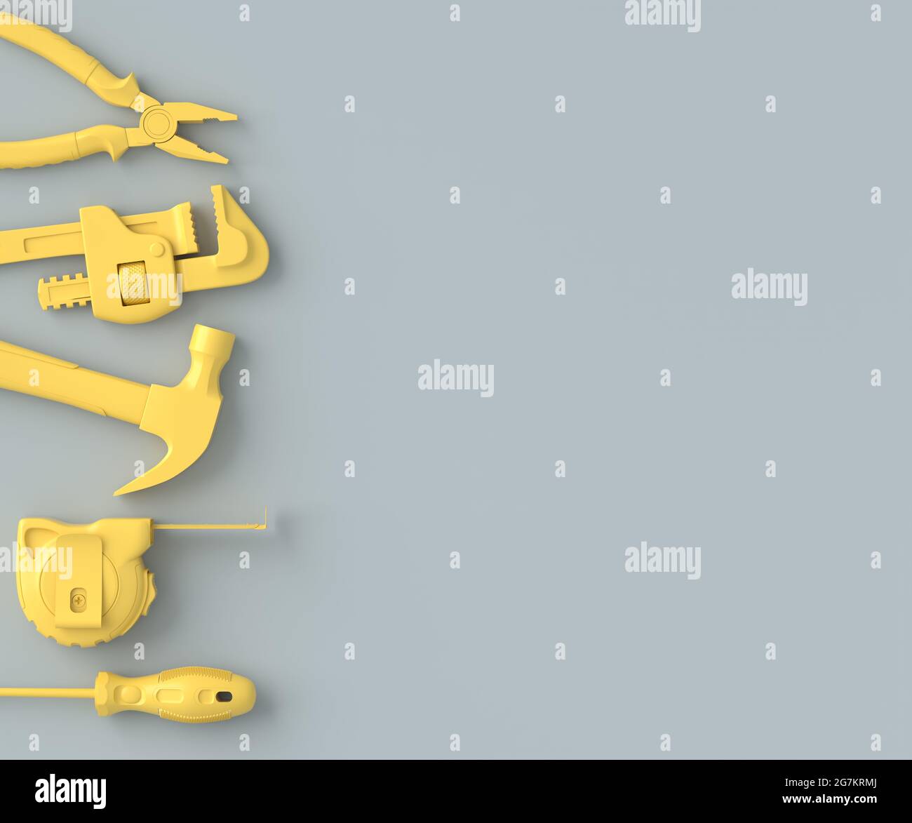 Vista superior de las herramientas de construcción monocromas para reparación e instalación sobre fondo gris y amarillo. 3d representación e ilustración del banner de servicio f Foto de stock