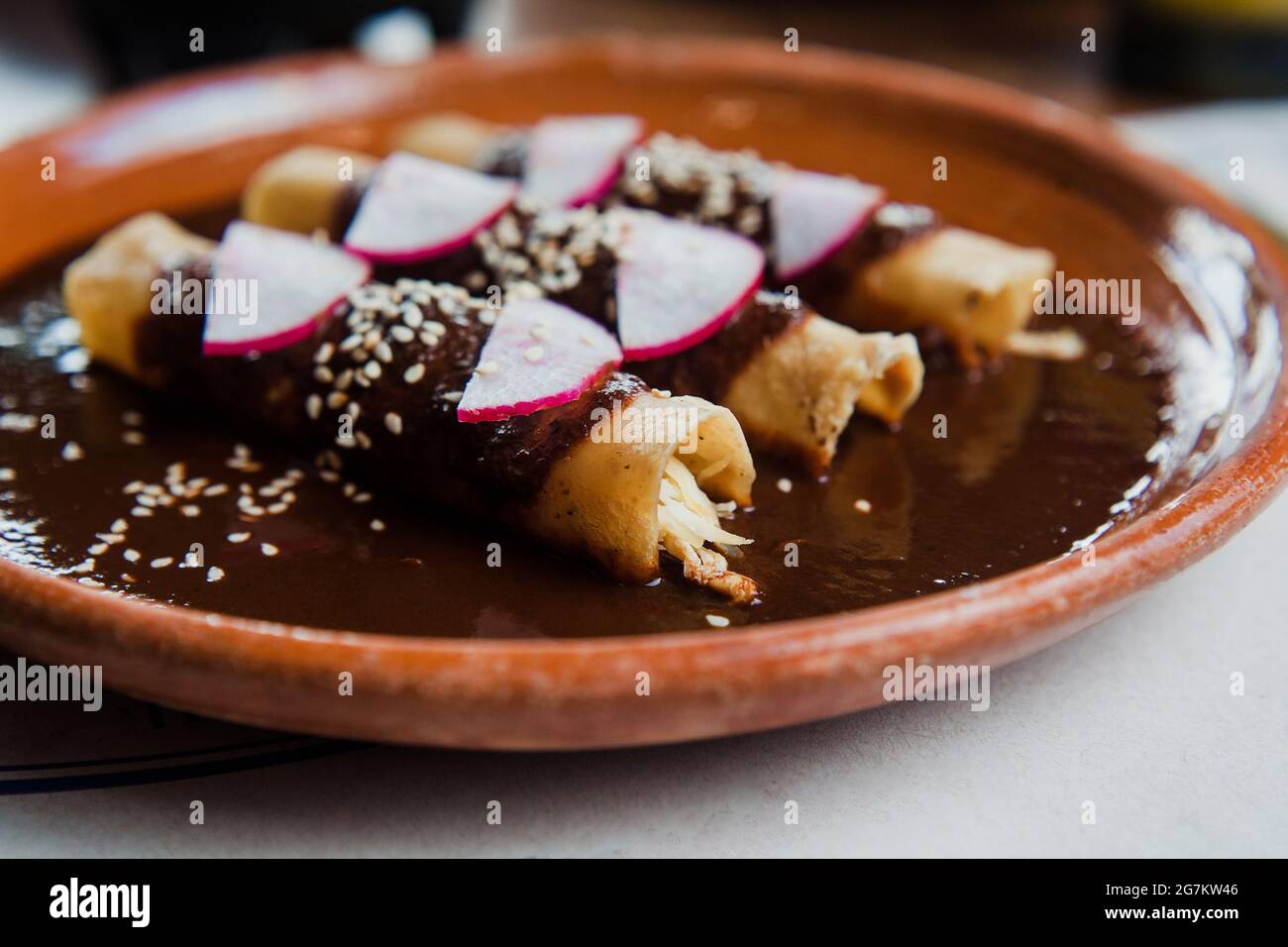 Enchiladas de pollo mexicano con Mole Poblano tradicional, cocina mexicana en la ciudad de