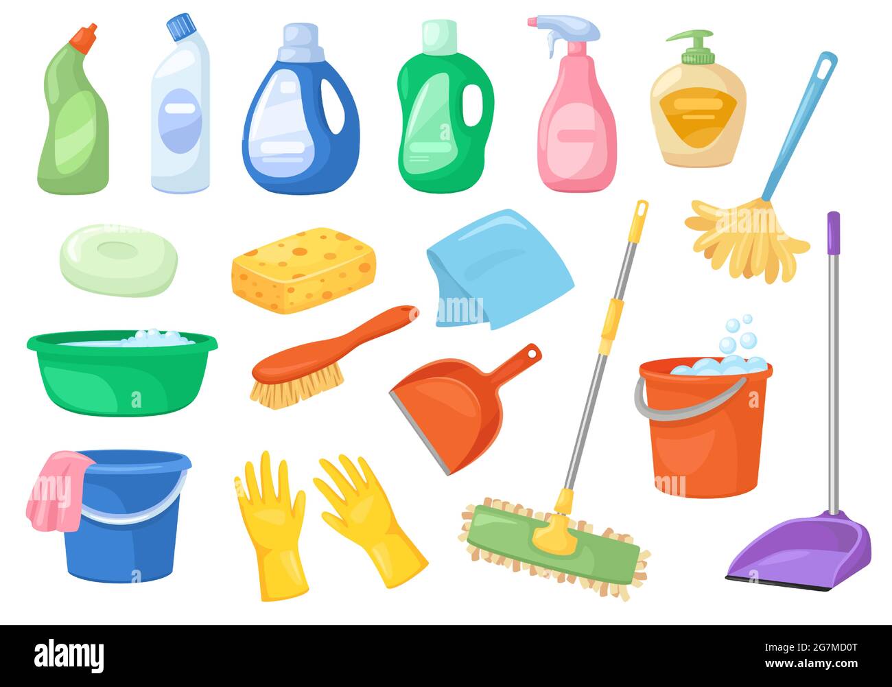 Suministros de limpieza. Escoba, botella de aerosol, fregona, detergente,  cubo, esponja. Accesorios y productos para el hogar para el conjunto de  vectores de limpieza de muelles. Productos químicos y equipos de higiene