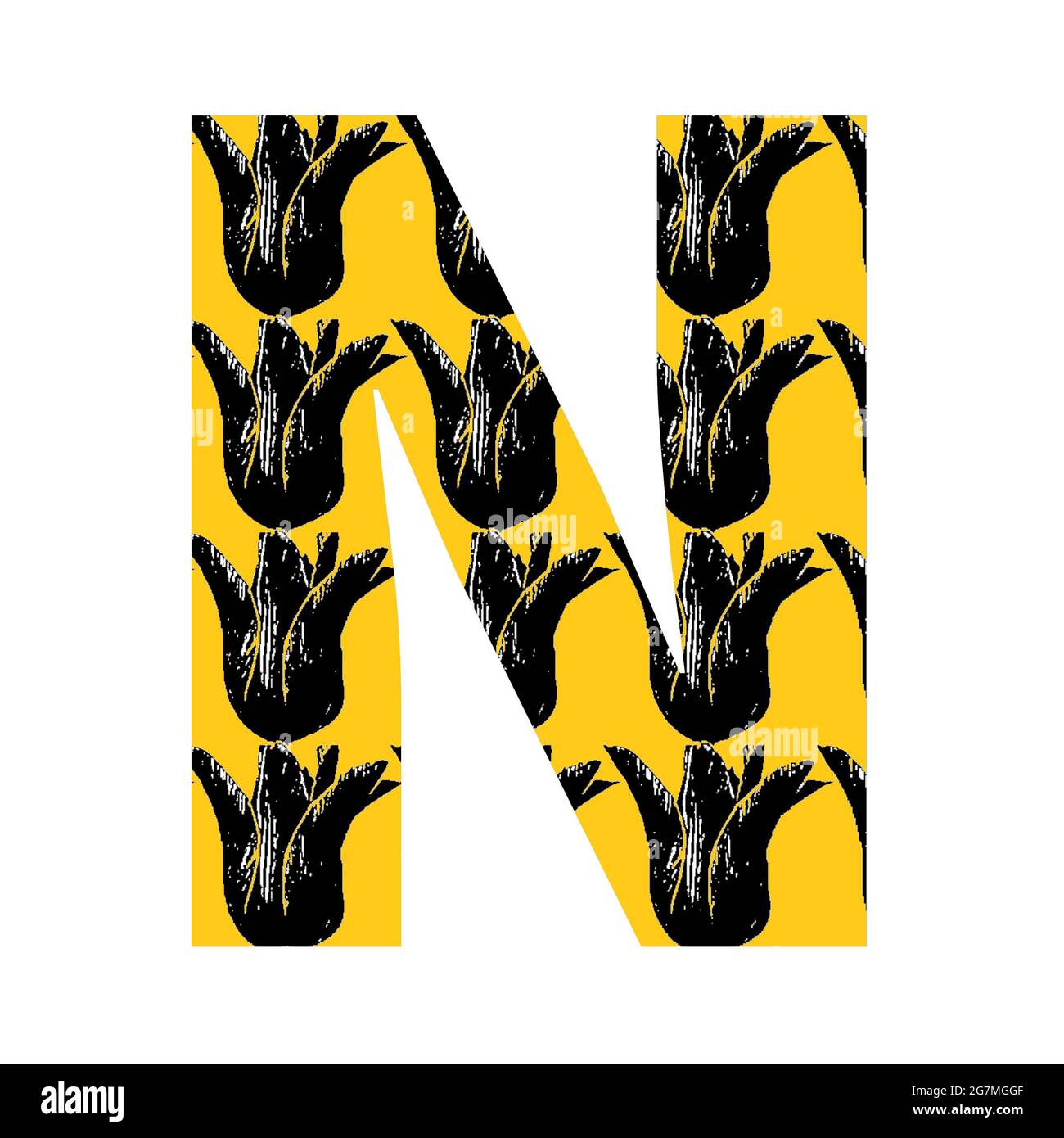 Letra N del alfabeto hecha con un patrón de tulipán negro sobre fondo amarillo, aislada sobre fondo blanco Foto de stock