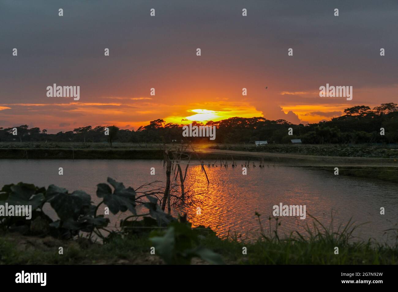 Brillo dorado después, hermosa vista del paisaje de la puesta de sol con lago tranquilo, atardecer asiático colorido, mejor vista de la puesta de sol nunca. Foto de stock