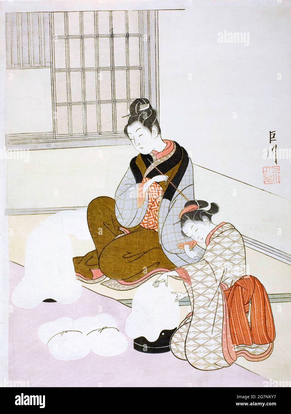 Noche de nieve en un pañal de seda (Nurioke no bosetsu) por Harunobu Suzuki, estampado, 1766 Foto de stock