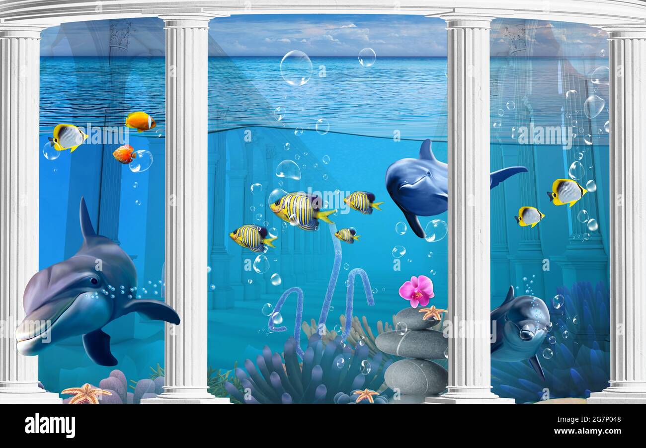 3D imagen fondo de pantalla bajo delfines de mar, Pescado, Tortuga, Coral  arrecife de arena agua con fondo de columnas blancas. Se expandirá  visualmente el espacio en un Fotografía de stock -