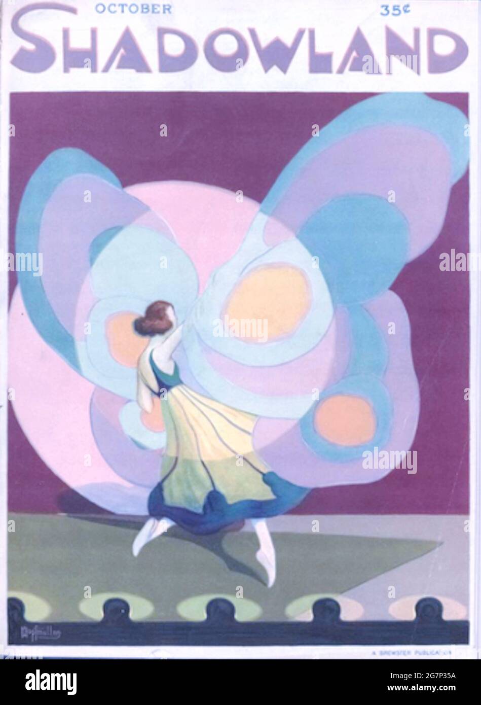 Portada de la revista clásica de artes Shadowland de los años 1920. Obra de A. M. Hopfmuller. Danza mariposa. Foto de stock