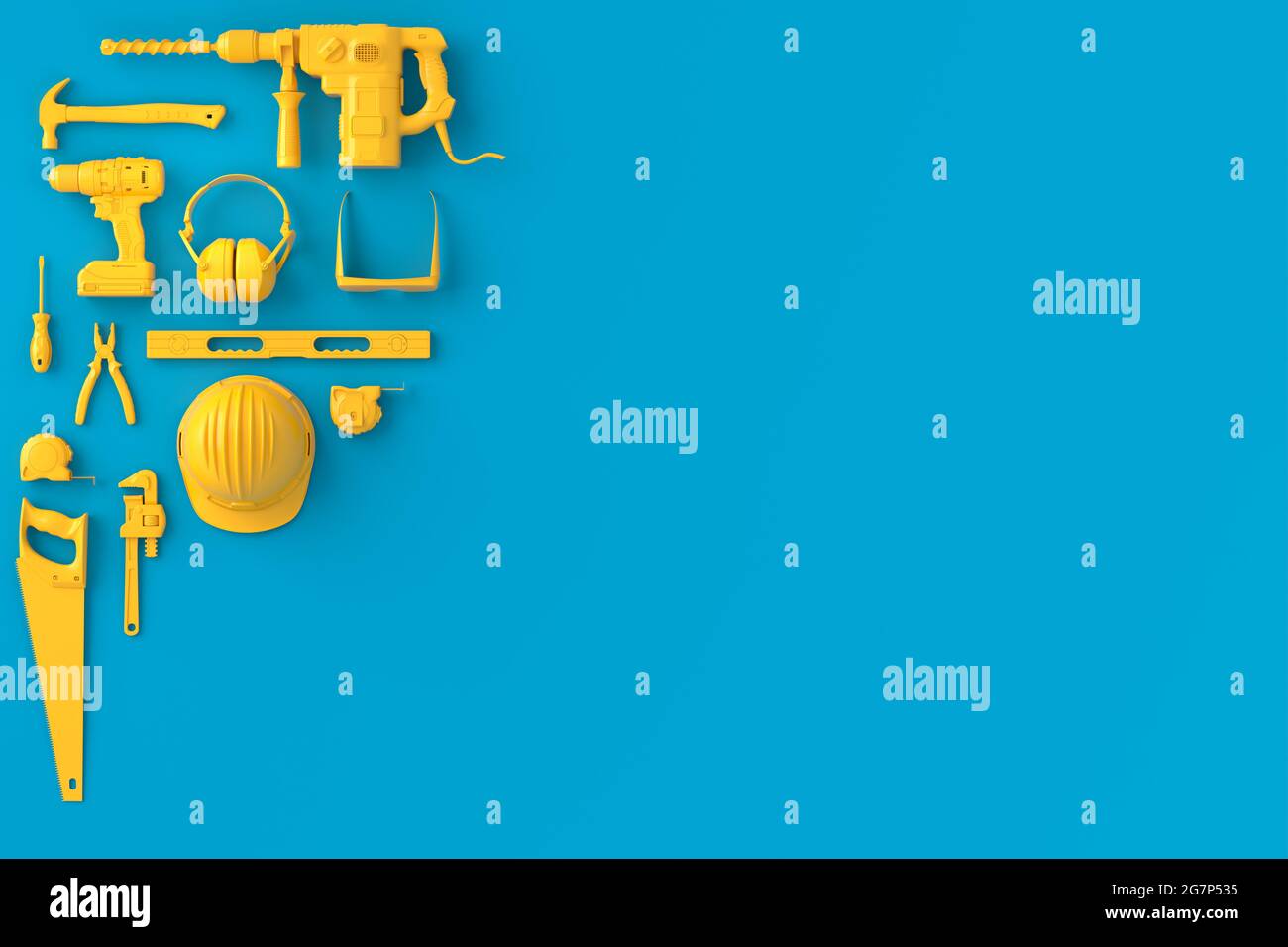 Vista superior de las herramientas de construcción monocromas para reparación e instalación sobre fondo azul y amarillo. 3d representación e ilustración del banner de servicio f Foto de stock