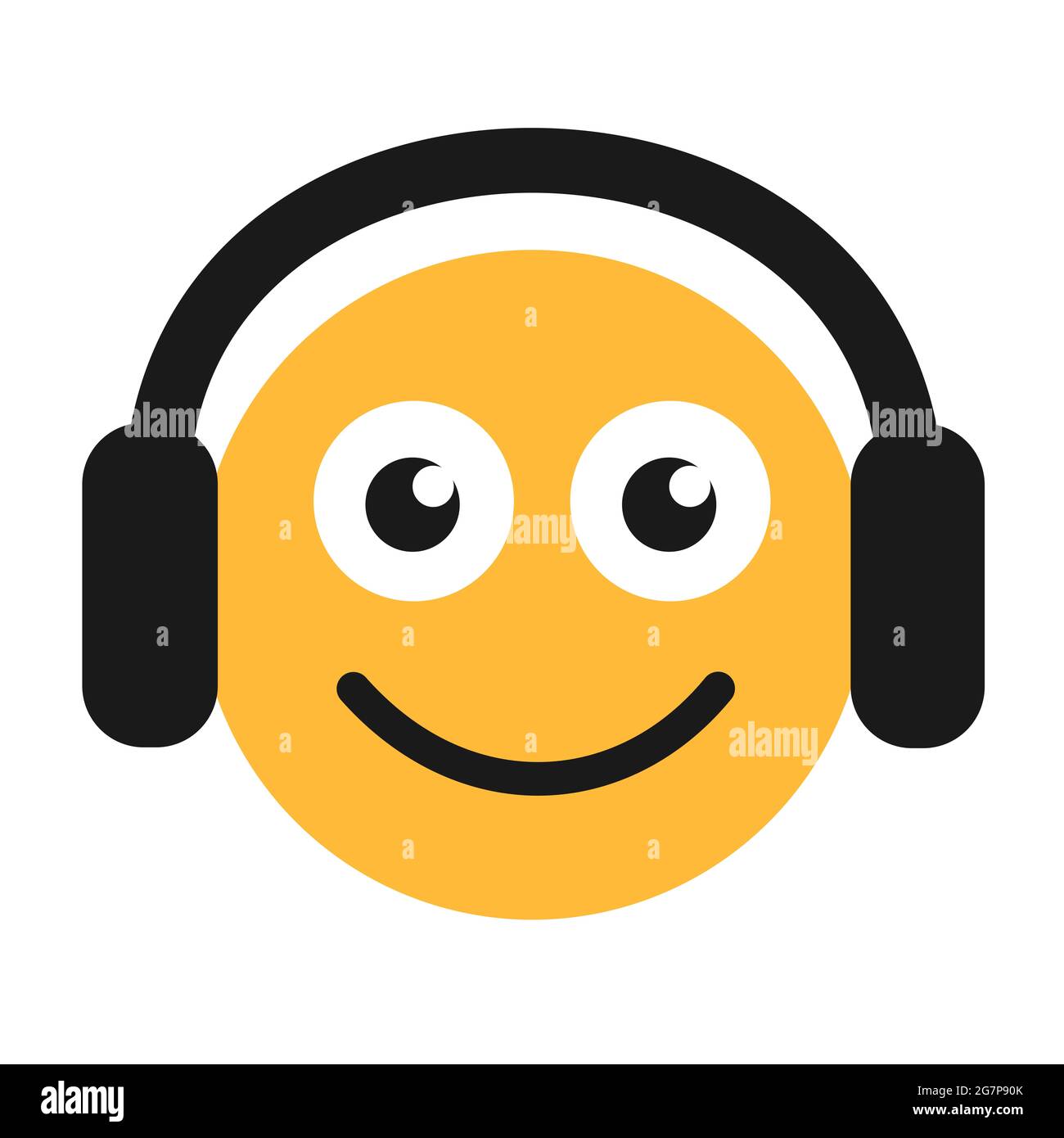 Emoticono de una persona feliz sonriente y un hombre que escucha música, sonido y audio con auriculares, auriculares y auriculares. Ilustración vectorial i Foto de stock