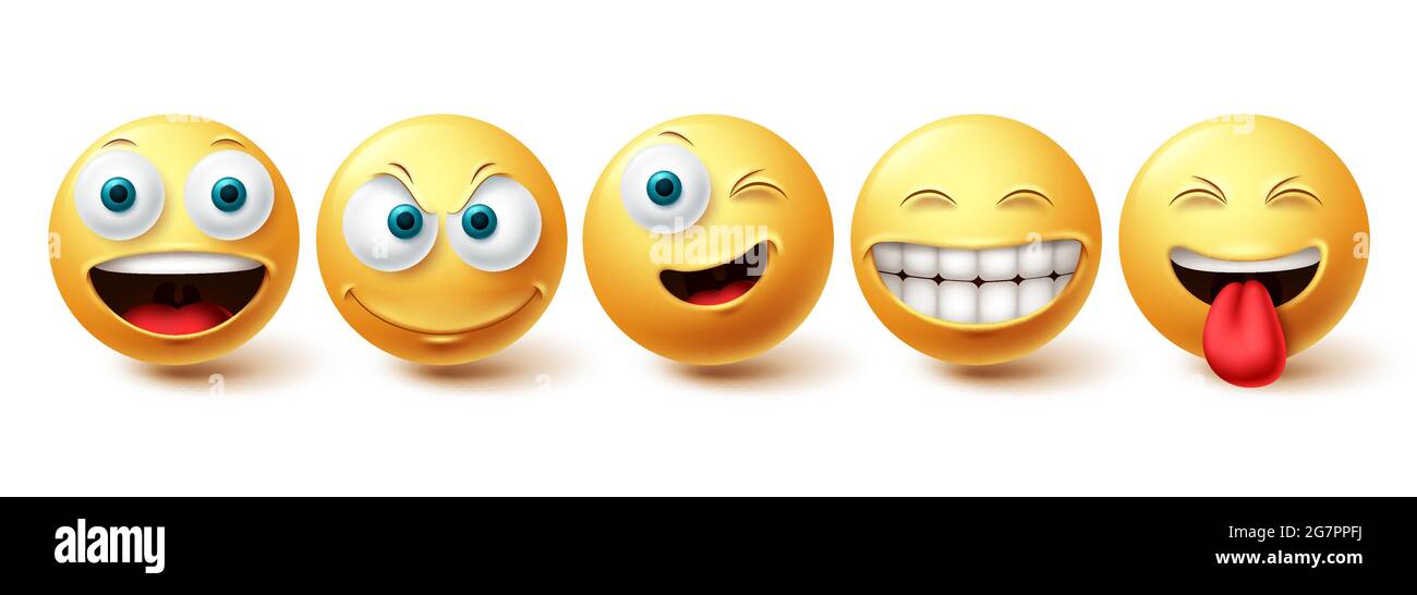 Conjunto De Vectores Emoticonos Felices Smileys Cara Emoticono Amarillo Con Gracioso Guiño Y