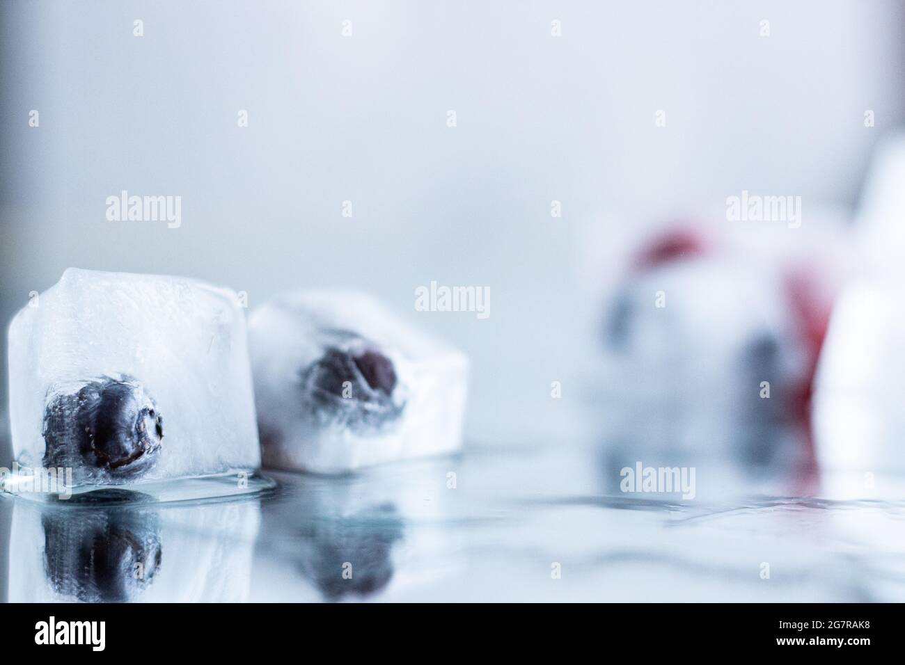 Primeros planos de frambuesas y arándanos congelados en cubitos de hielo con reflexión; cubitos de hielo derretido; saborizantes de agua saludables Foto de stock