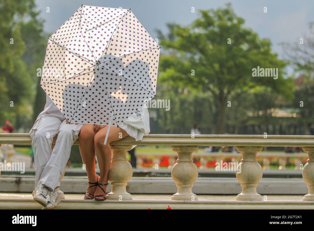 Un beso de pareja detrás de la sombrillas en el parque Fotografía de stock  - Alamy