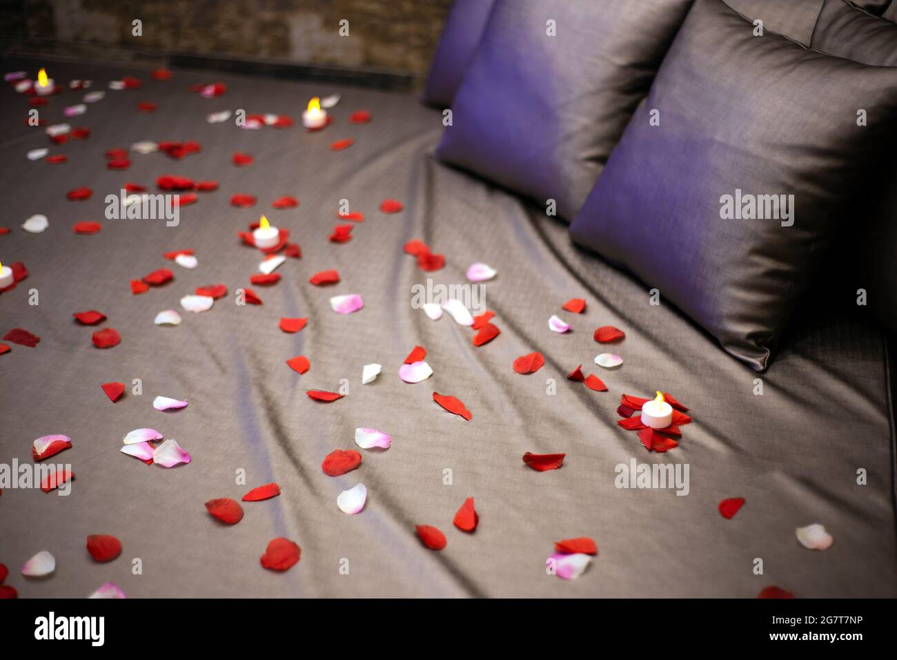 Habitación romántica con cama con pétalos de rosa y almohadas de seda  sensual, Luna de miel, Día de San Valentín Fotografía de stock - Alamy