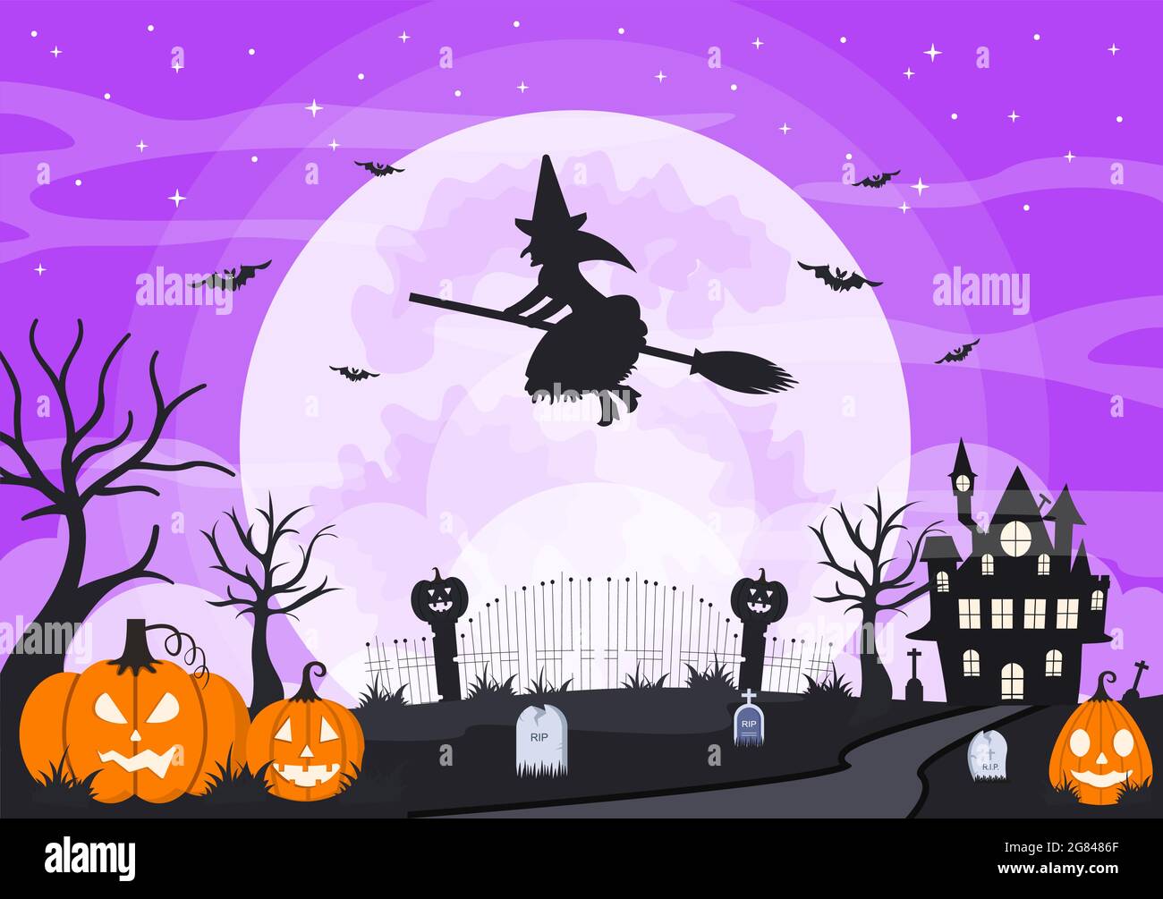 Página de inicio de Halloween Night Party Ilustración con bruja, casa  encantada, calabazas, murciélagos y luna llena. Para Fondo, Banner, Fondo  de pantalla Imagen Vector de stock - Alamy