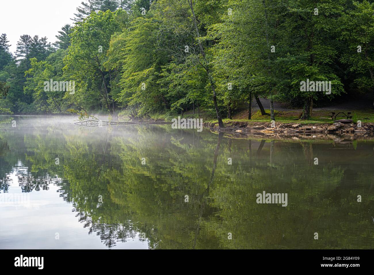 Niebla que se levanta en el hermoso río Nothely en Meeks Park en Blairsville, Georgia. (EE. UU.) Foto de stock