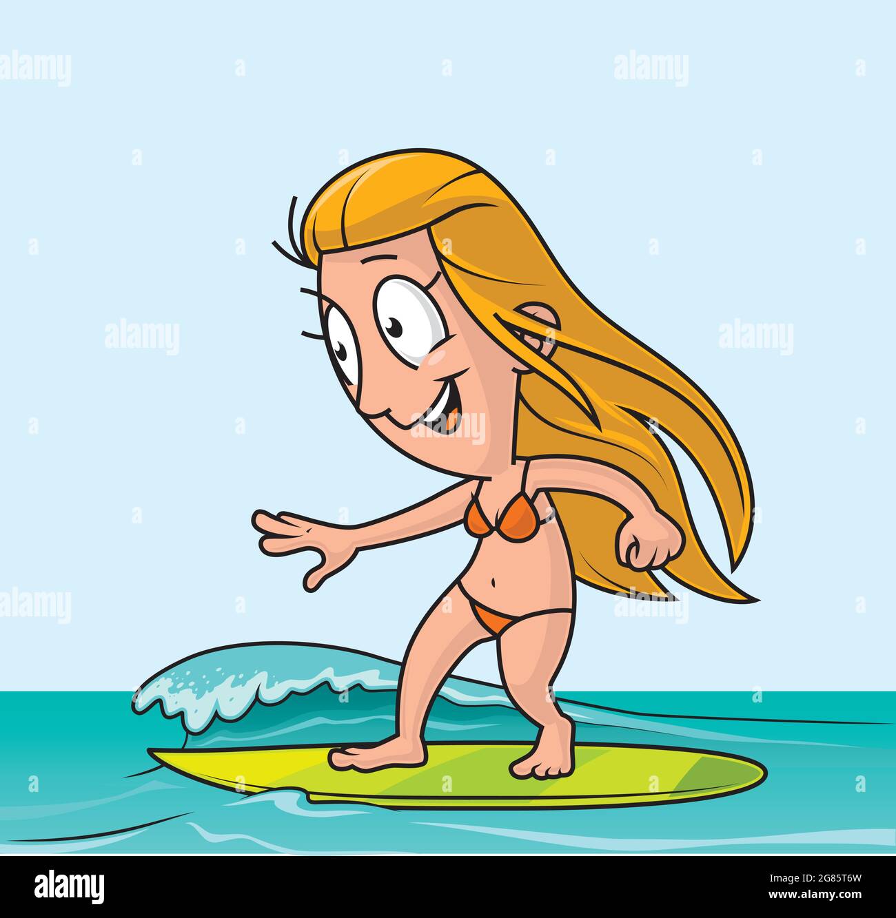 Ilustración de dibujos animados de una mujer surfista montando una ola  Imagen Vector de stock - Alamy