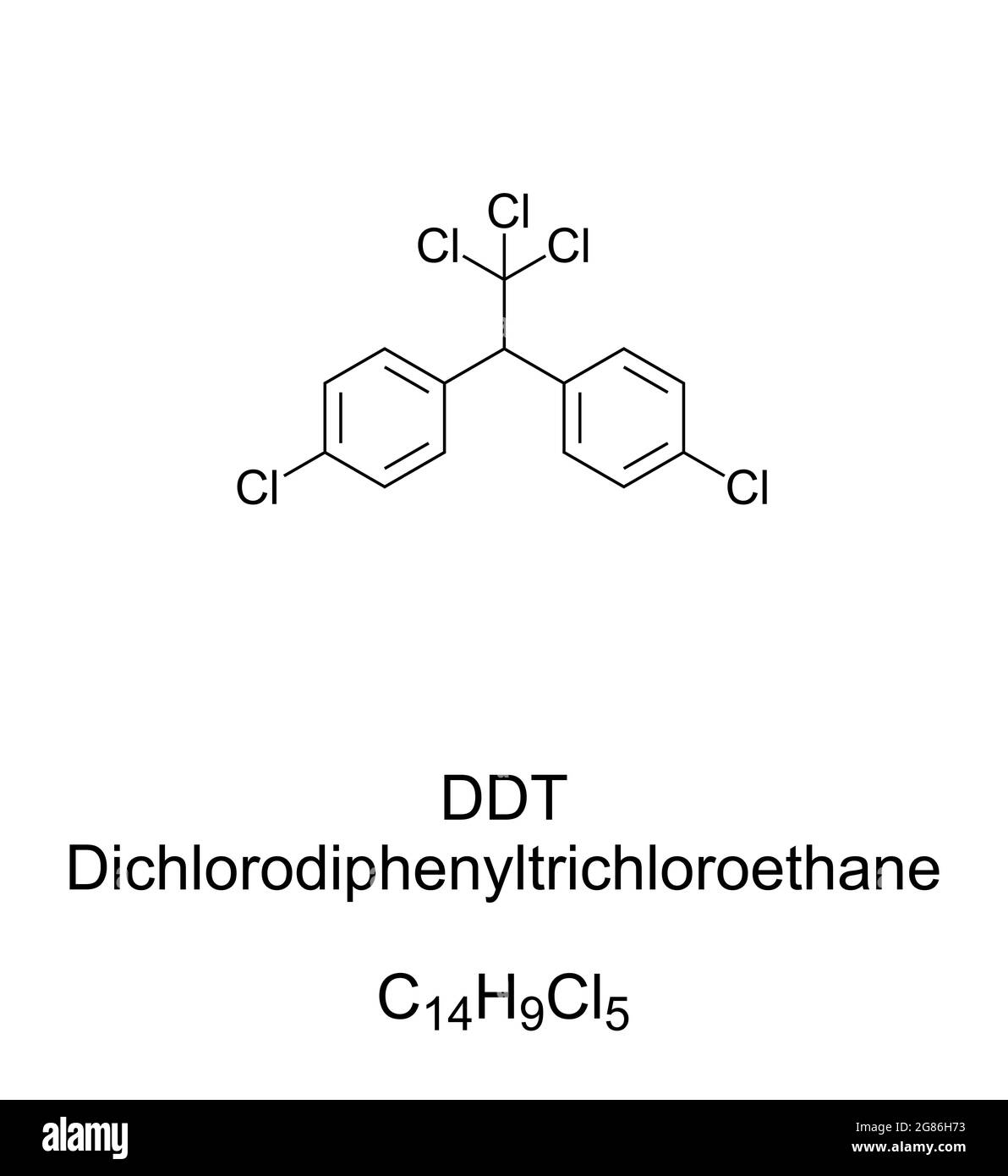 DDT, fórmula química. Diclorodifeniltricloroetano o clofenotano, un compuesto químico e insecticida para limitar la propagación de la malaria y el tifus. Foto de stock