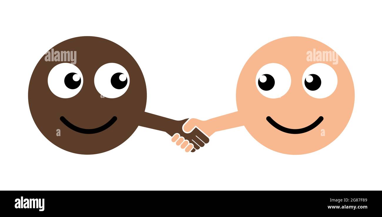 Apretón de manos como símbolo de respeto entre la persona del hombre de diferentes etnias, color de la piel y raza. Ilustración vectorial aislada sobre blanco. Foto de stock
