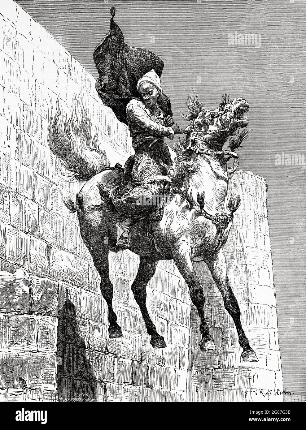 El salto del bey de Mamluk, masacre de los Mamluks en la ciudadela de El Cairo. Egipto, 1 de marzo de 1811. Egipto, África del Norte. Antiguo siglo 19th grabado ilustración de El Mundo Ilustrado 1880 Foto de stock