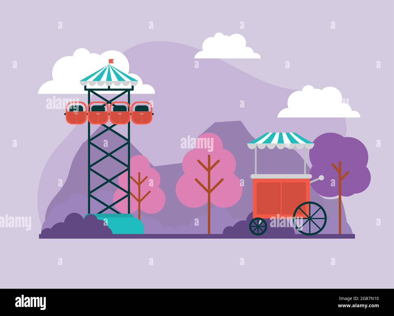 torre de caída libre y carro de comida en diversión Imagen Vector de stock  - Alamy