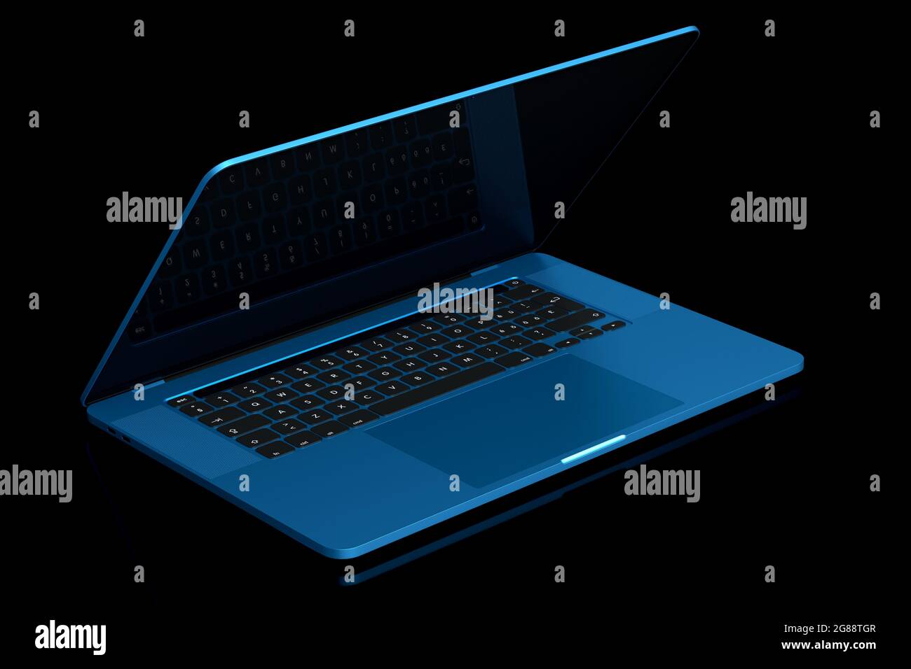 Portátil de aluminio azul realista con pantalla blanca vacía aislada sobre fondo negro. 3D renderizado de ordenador portátil abierto para el estudio en casa wo Foto de stock