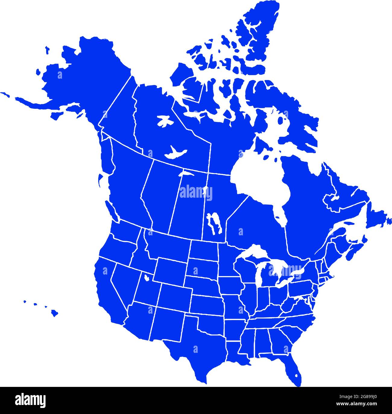 Mapa de contorno de Norteamérica de color azul. Mapa político de américa del Norte. Mapa de ilustración vectorial. Ilustración del Vector