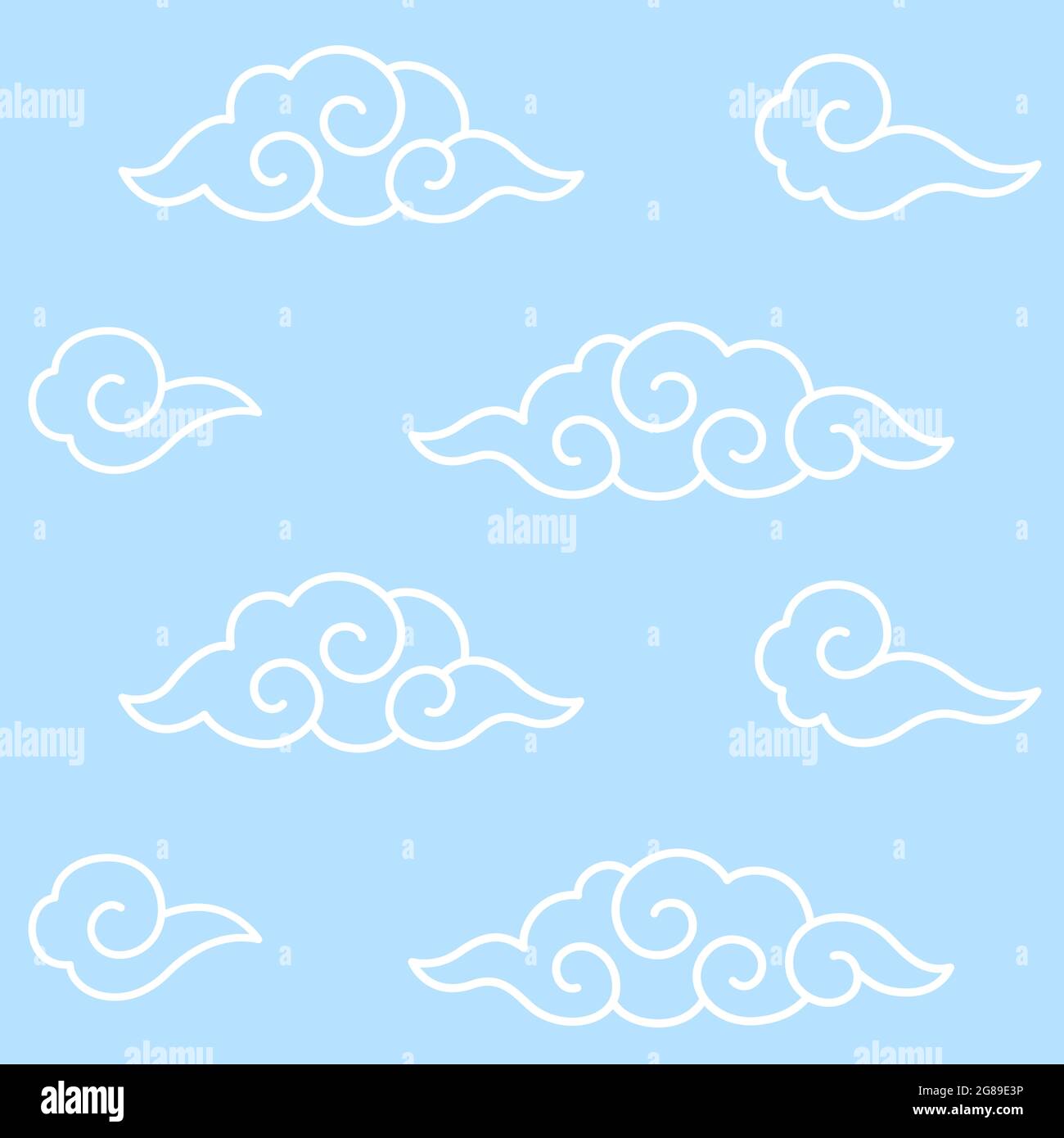 Nubes tradicionales chinas o japonesas con remolinos en espiral. Diseño sin costuras, fondo azul sencillo. Ilustración vectorial. Ilustración del Vector