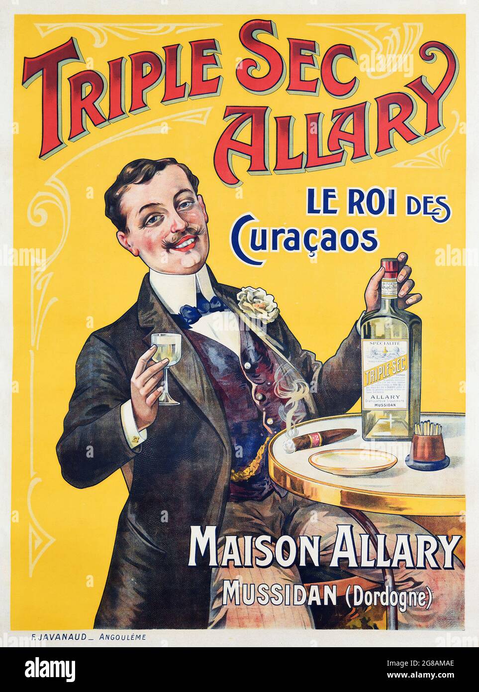 Vintage anuncio para Triple Sec Allary. Alcohol publicidad. 'Le Roi des Curacaos'. Maison Allary Mussidan (Dordoña). Hombre sentado en una mesa. Foto de stock