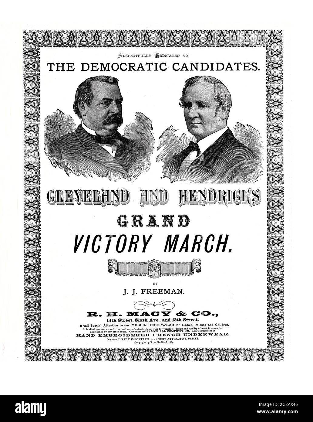Cleveland y Hendricks Grand Victory March,1884 partitura de la campaña presidencial electoral para Grover Cleveland y Thomas Hendricks con retratos Foto de stock