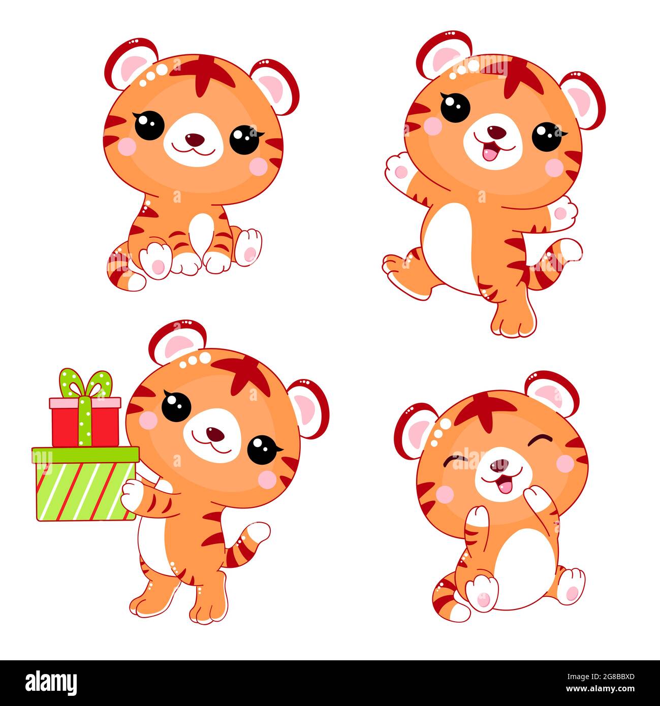 Conjunto de tigres kawaii. Colección de dibujos animados cute tigres  cachorros con cajas de regalo, sentado, jugando. Ilustración vectorial EPS8  Imagen Vector de stock - Alamy