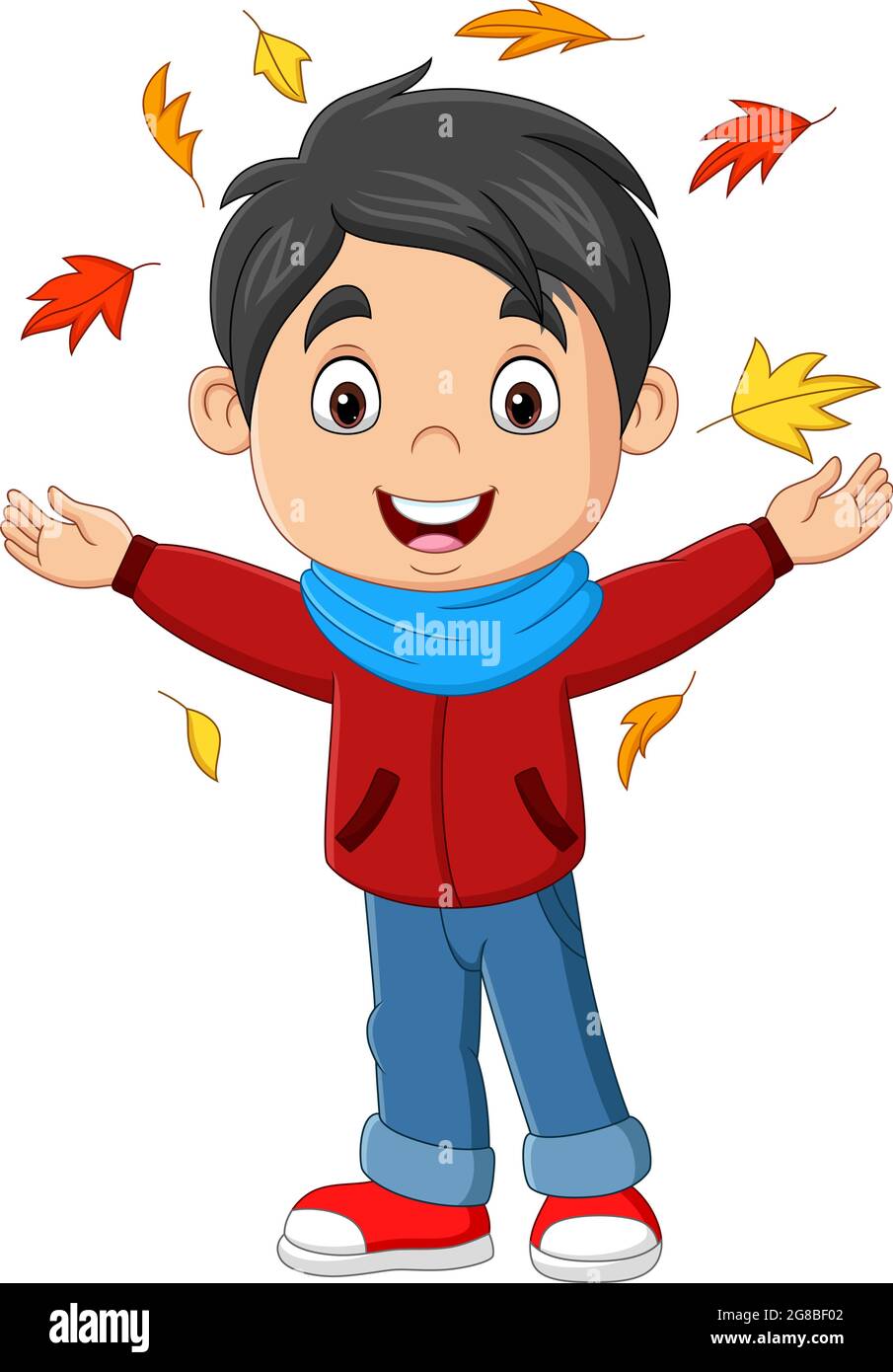 Niño feliz de dibujos animados con hojas de otoño Imagen Vector de stock -  Alamy