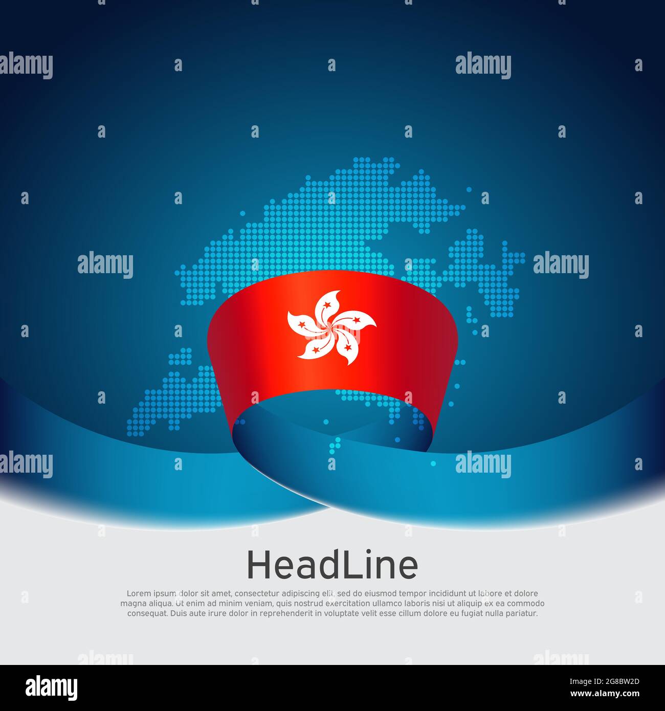 Bandera de Hong Kong, mapa en mosaico sobre fondo blanco azul. Cinta