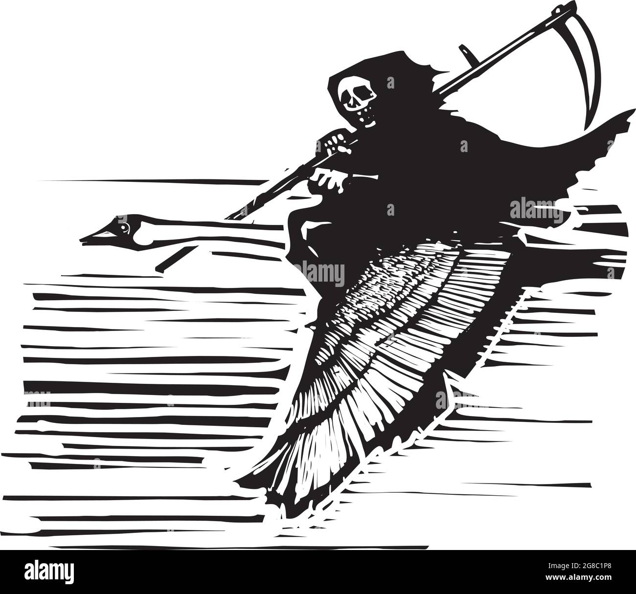 Estilo expresionista de madera Swan en vuelo con una muerte en su espalda Ilustración del Vector