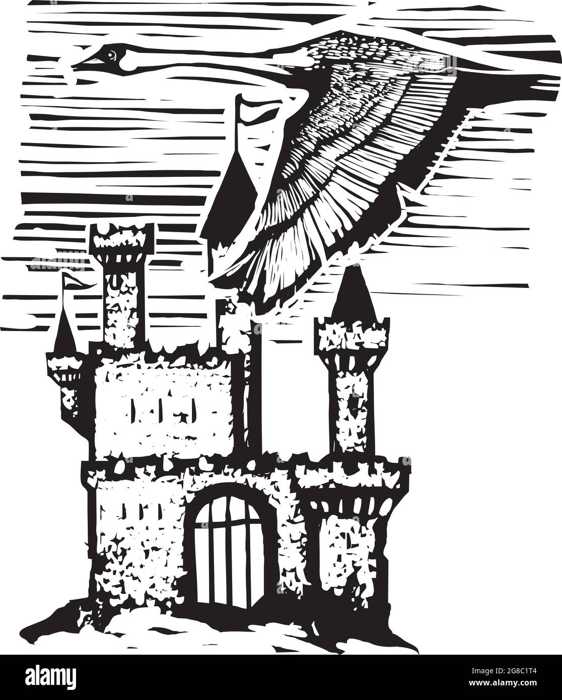 Cisne de estilo expresionista tallados en madera en vuelo con un castillo de cuento de hadas Ilustración del Vector