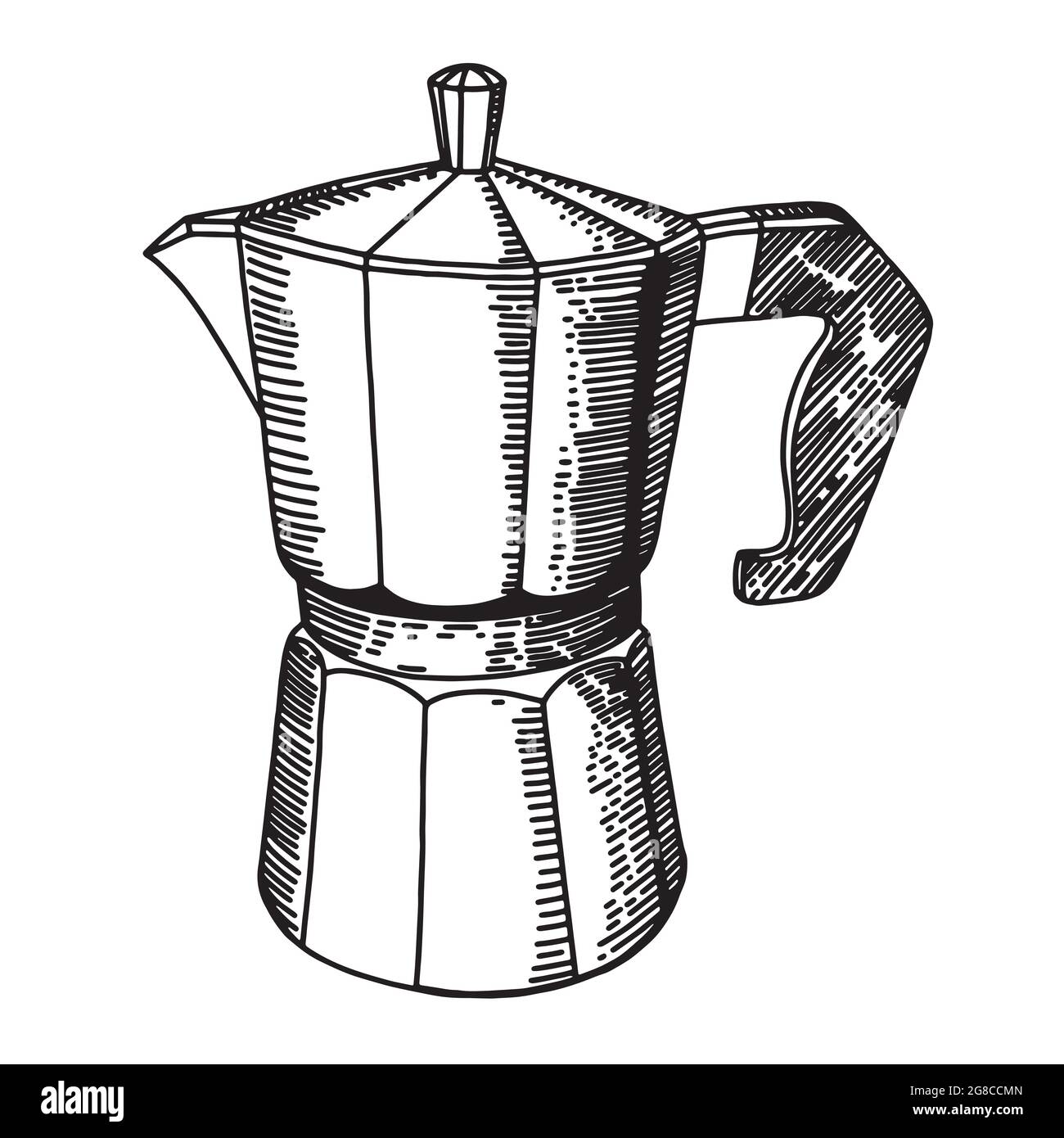 Cafetera de moka con diseño vectorial dibujado a mano, blanco y negro,  aislado sobre un fondo blanco Imagen Vector de stock - Alamy