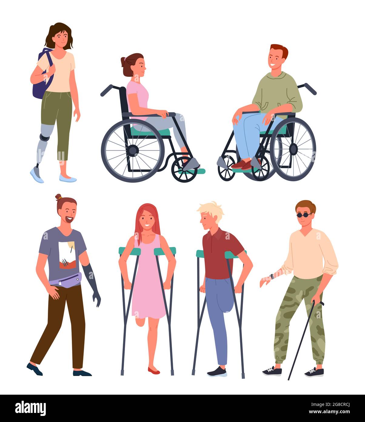 Caricatura sonriente hombre y mujer paciente discapacitados personajes de  pie en fila, sentado en silla de ruedas, sosteniendo muletas. Vector de  personas con discapacidad Imagen Vector de stock - Alamy