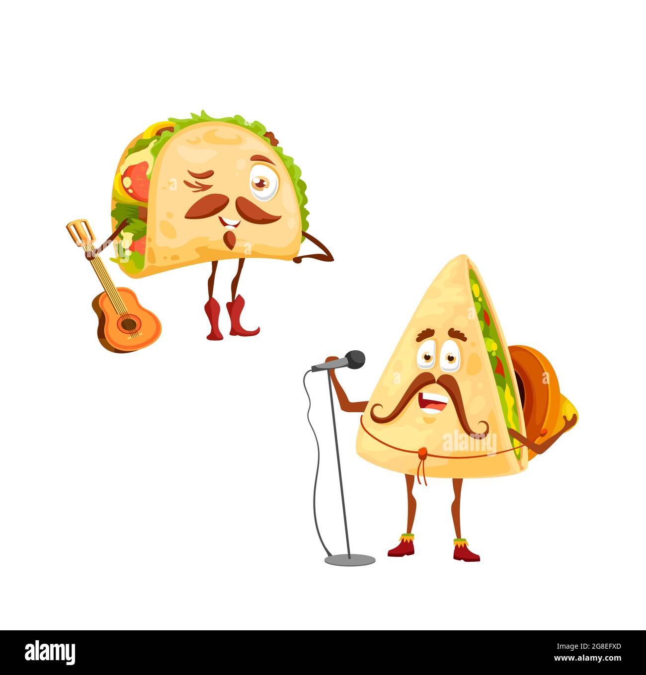 Dibujos animados de tacos mexicanos y personajes de quesadilla. Vector  cantante en sombrero con micrófono y divertido músico con guitarra tex mex  fastfood con mustac Imagen Vector de stock - Alamy