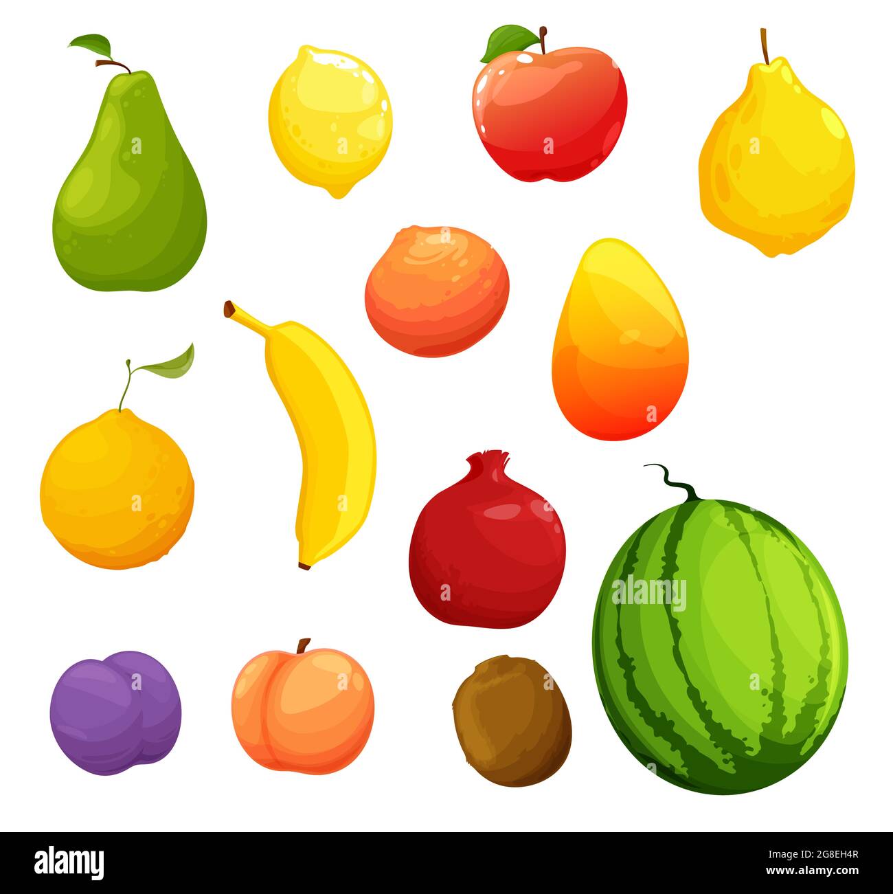 Frutas maduras de dibujos animados, la cosecha fresca de la granja  orgánica. Vector pera cruda, limón y manzana, membrillo maduro, naranja y  mango, pomelo, plátano y granate, penacho Imagen Vector de stock -