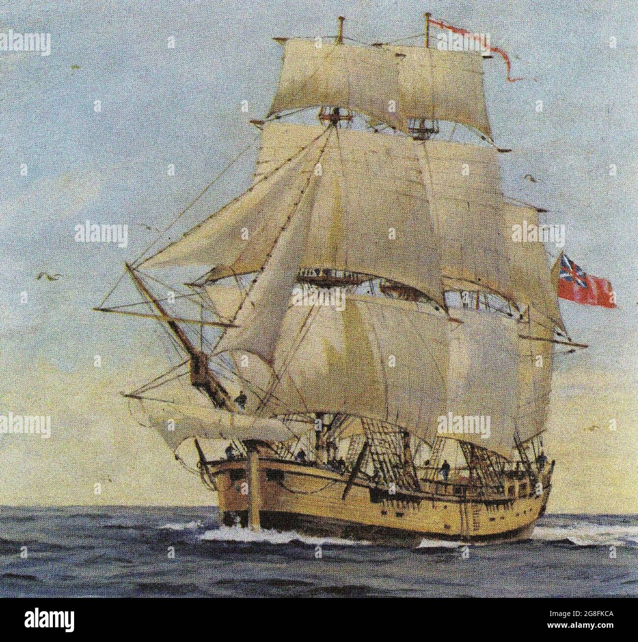 El 26 de agosto de 1768, el capitán James Cook partió de Plymouth en el HMS Endeavour. Con él estaban 94 hombres, suministros copiosos, e instrucciones secretas para Foto de stock