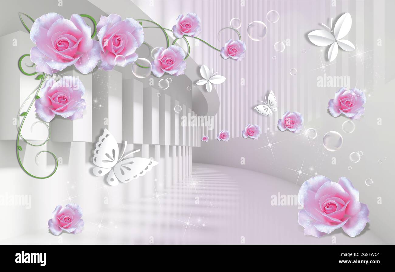 3d fondos de pantalla, rosas rosas en el túnel arquitectónico. Hermoso  papel pintado de flor Fotografía de stock - Alamy